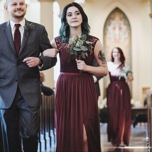 Lace + chiffon maroon bridesmaid dress